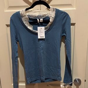 NWT Blue Lace Trim Long Sleeve Top from Anthropologie